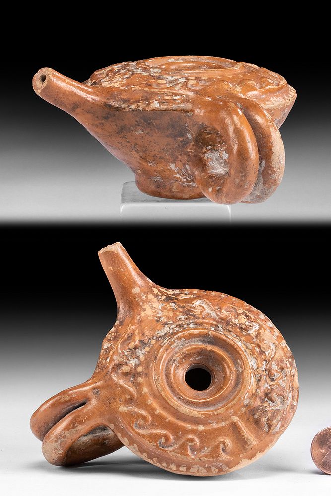 Appraisal: Rare Roman Redware Pottery Oil Lamp Guttos Roman Imperial Period