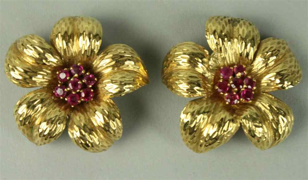 Appraisal: TIFFANY K AND RUBY FLOWER FORM EAR CLIPS marked Tiffany