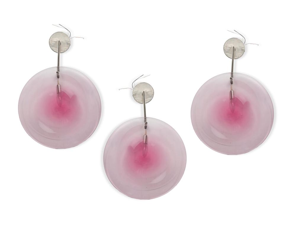 Appraisal: Three pink glass and chrome wall sconces st Century Each