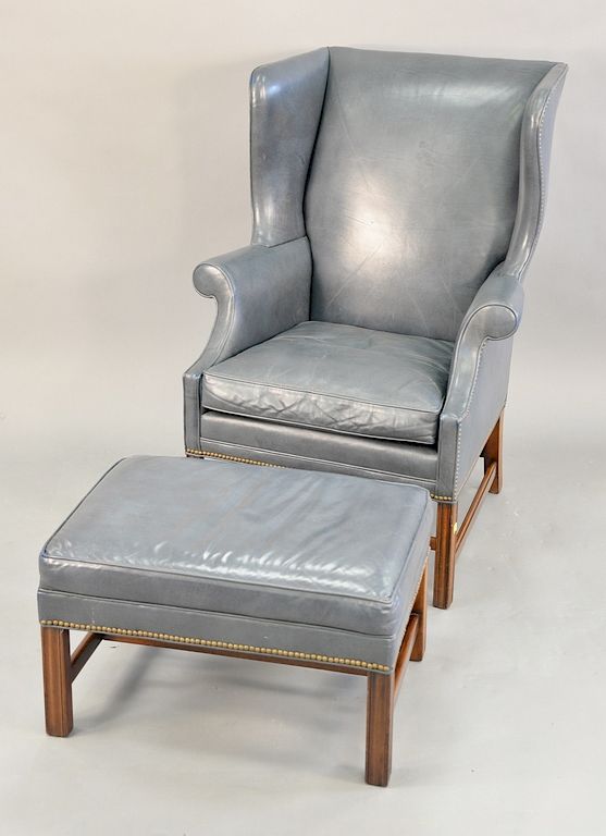 Appraisal: Southwood blue leather Chippendale style wing chair ht in Southwood