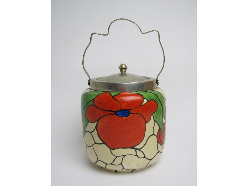 Appraisal: A Clarice Cliff Bizarre Scarlet Flowers pattern biscuit barrel with