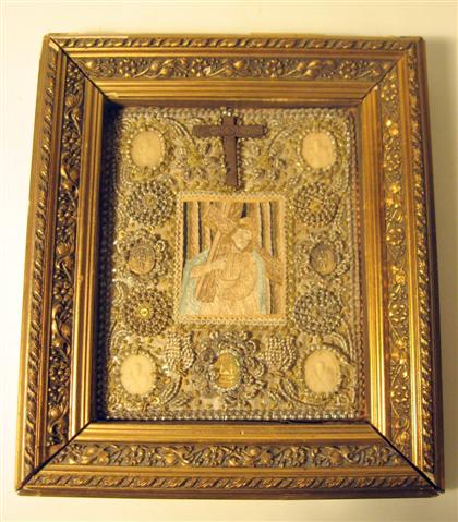 Appraisal: Continental silk beaded and intaglio inset iconprobably spanish th century