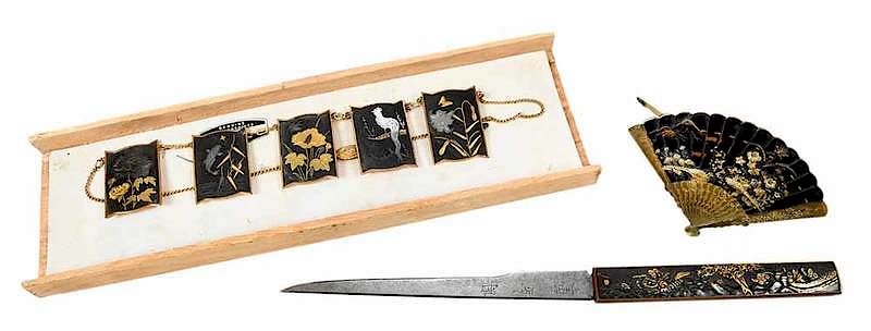 Appraisal: Three Japanese Damascene Pieces Japanese th century damascene necklace knife