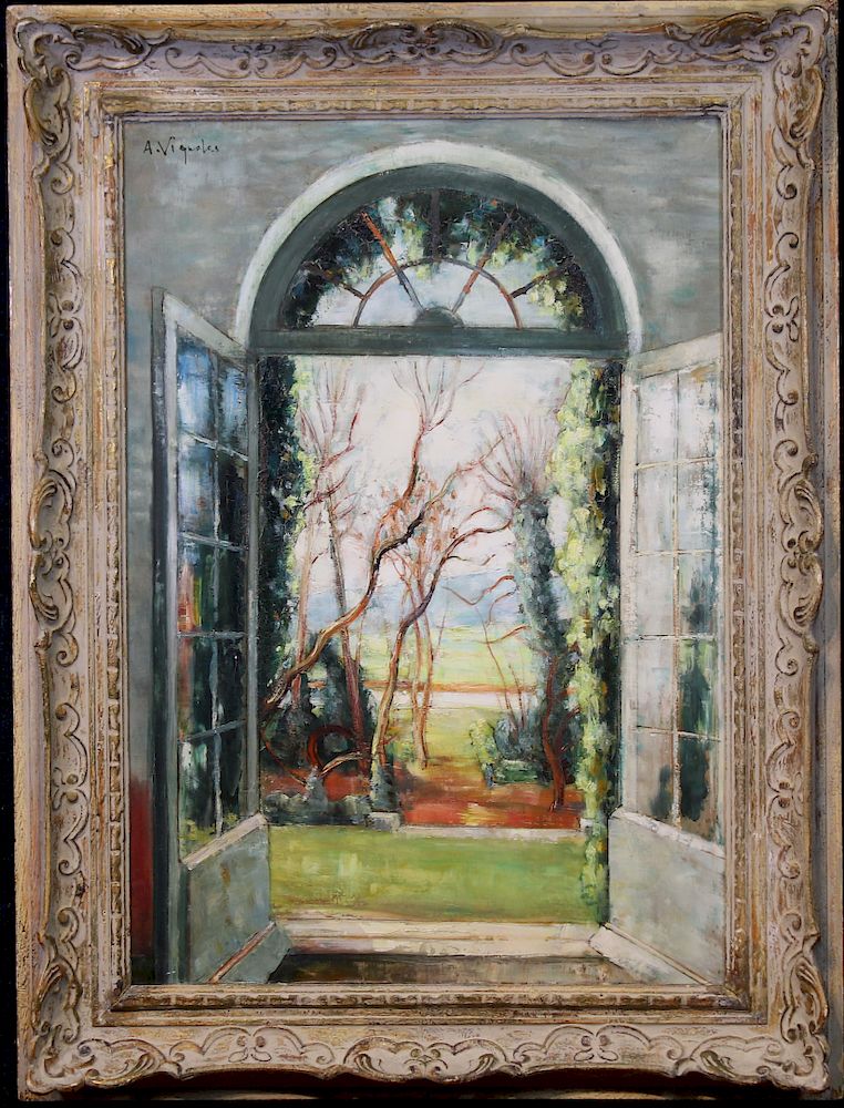 Appraisal: Signed Painting of Spring Landscape From Window Signed Painting of