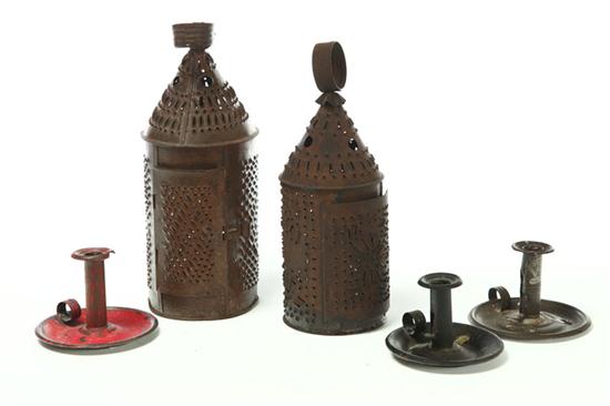 Appraisal: FIVE LIGHTING DEVICES American th century Two punched tin lanterns