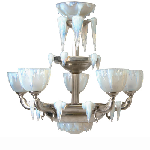 Appraisal: SABINO Chromed metal chandelier with opalescent glass icicles Some pieces