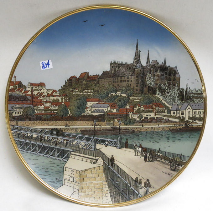 Appraisal: METTLACH ETCHED POTTERY PLAQUE Town Scene of Meissen Mettlach trademark