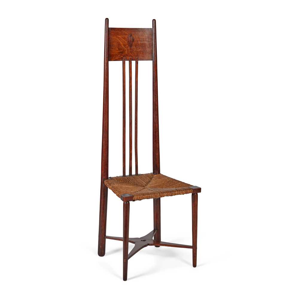 Appraisal: ENGLISH ARTS AND CRAFTS TALL-BACKED CHAIR CIRCA inlaid oak with