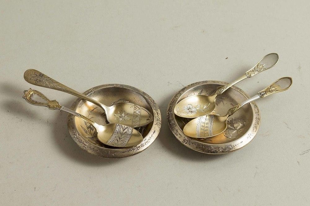 Appraisal: Two Sterling Butter Pats Spoons Aesthetic Movement Schulz Fischer Assembled