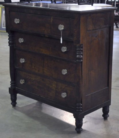 Appraisal: Figured Walnut Veneer Empire ChestOf four drawers Having turned half-columns