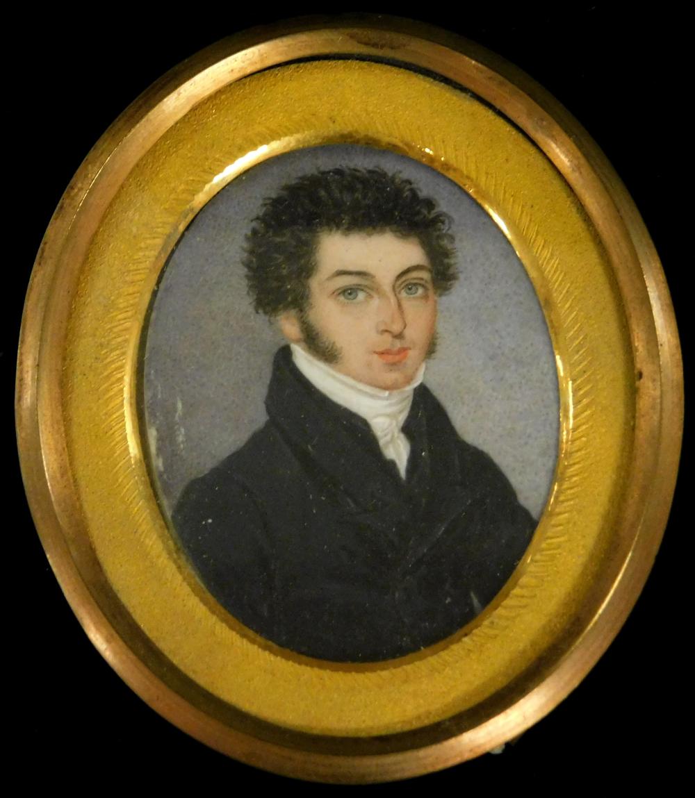 Appraisal: MINIATURE Young man oval support dark curly hair side burns