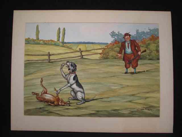 Appraisal: Boris O'Klein dog and hunter watercolor Depicts a comedic scene