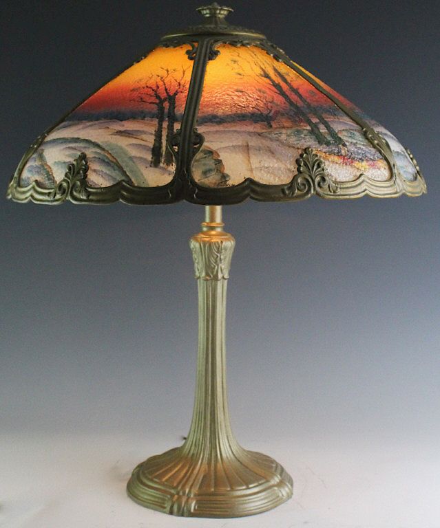 Appraisal: Miller Reverse Painted Glass Shade Sunset Lamp Antique Miller table