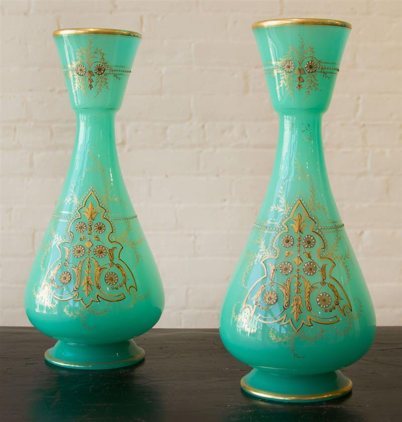 Appraisal: PAIR OF FRENCH GREEN OPALINE GLASS VASES x in diam