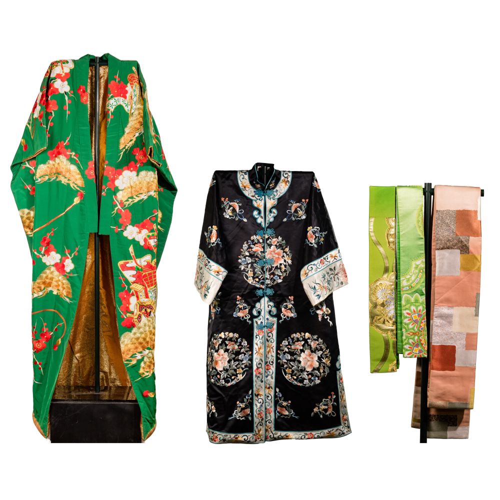 Appraisal: JAPANESE SILK KIMONO AND OBI ASSORTMENT items including a green