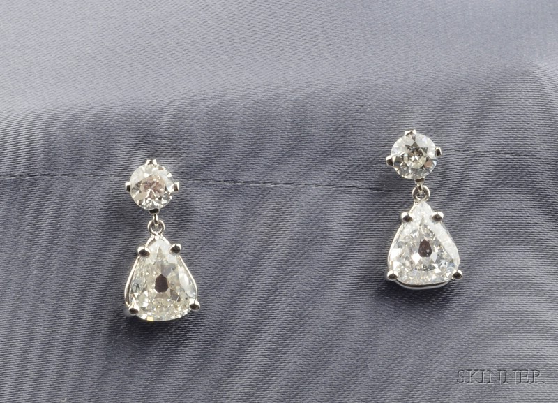 Appraisal: Platinum and Diamond Earpendants set with old pear-shape diamonds weighing