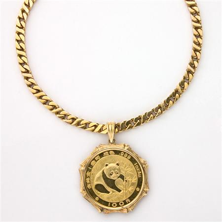 Appraisal: Long Gold Curb Link Chain Necklace with Gold Chinese Medallion