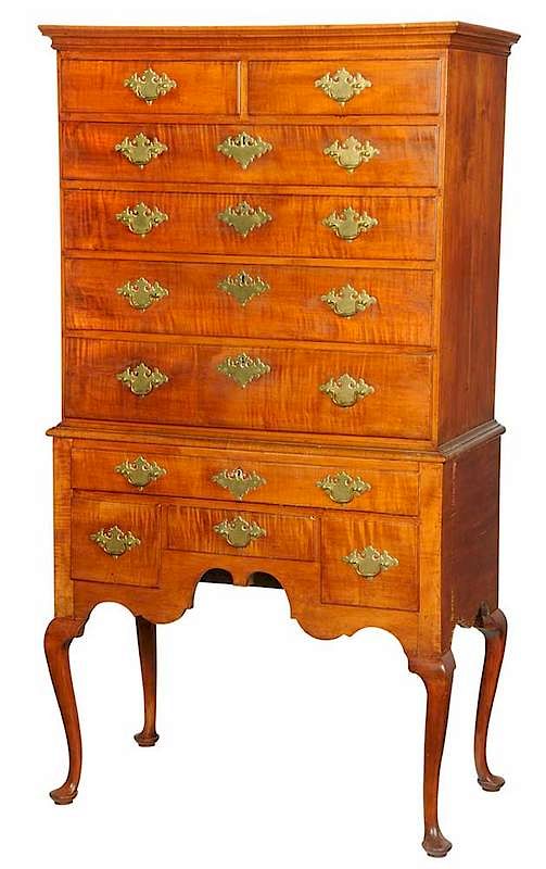 Appraisal: New England Queen Anne Tiger Maple High Chest Connecticut Rhode