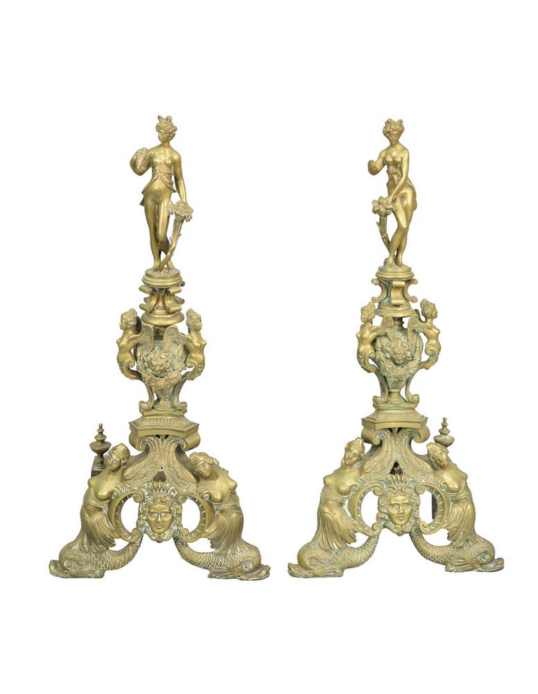 Appraisal: Pair of Brass Figural Andirons having partially clad nude woman