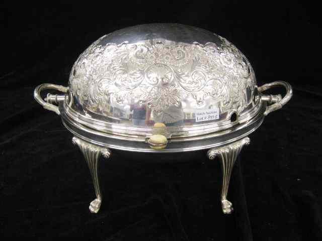 Appraisal: English Silverplate Warming Dome elaborateengraved floral footed handled ivory knob