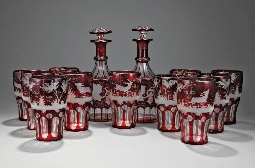 Appraisal: Set of Eleven Bohemian Ruby Cut-to-Clear Glass Tumblers decorated with