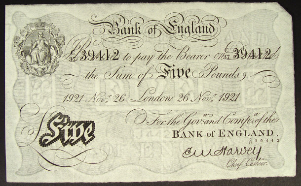 Appraisal: Bank of England white five pound note dated signed Harvey