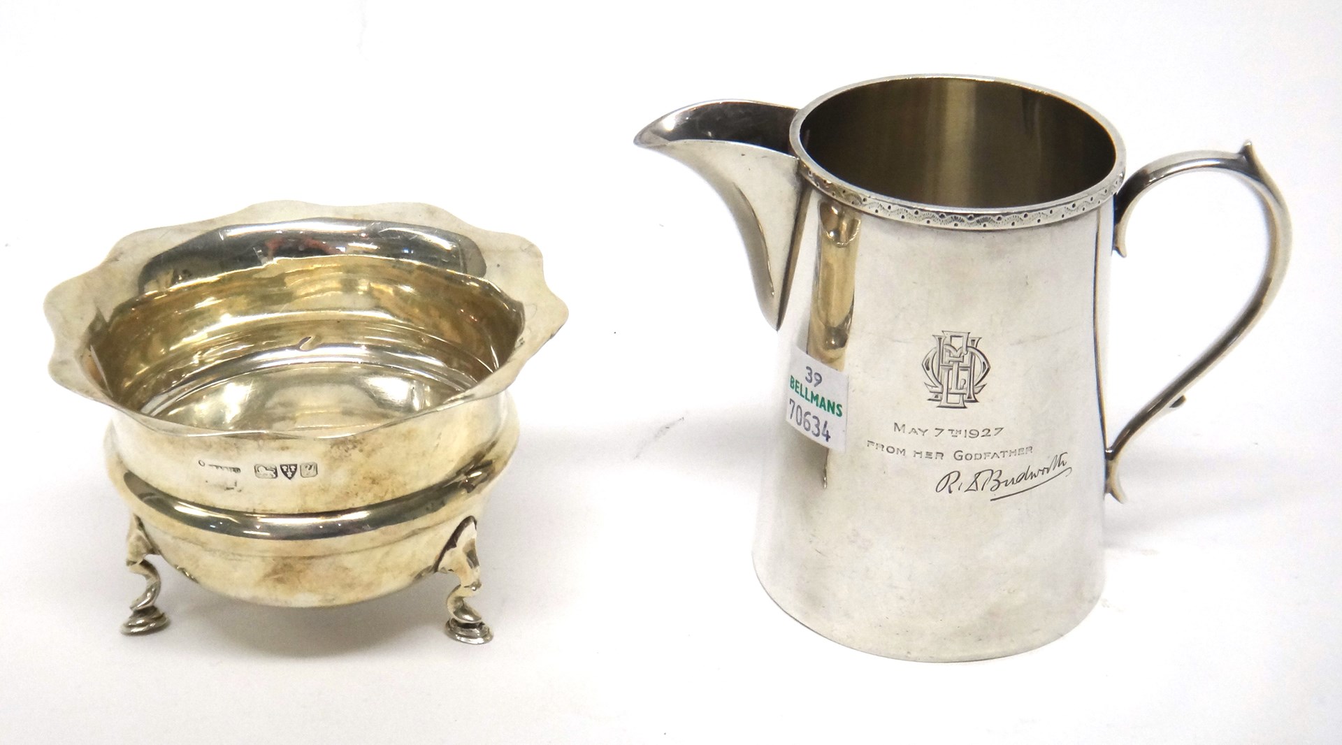 Appraisal: A silver shaped circular sugar bowl raised on three hoof