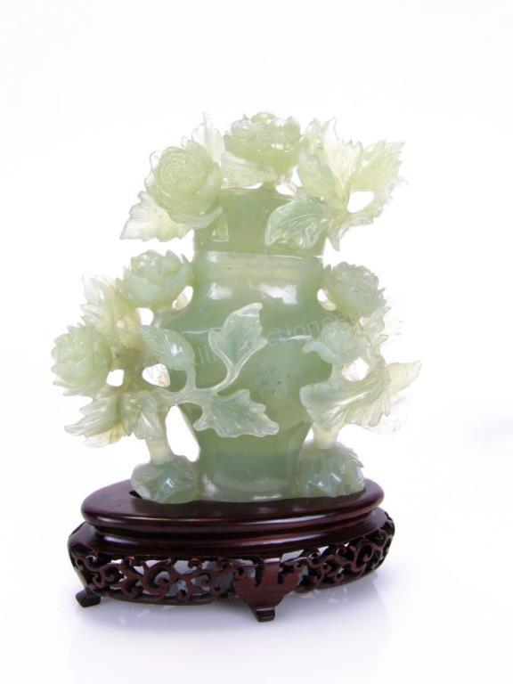 Appraisal: Oriental Jade Carved Covered Urn green jade carved urn encased