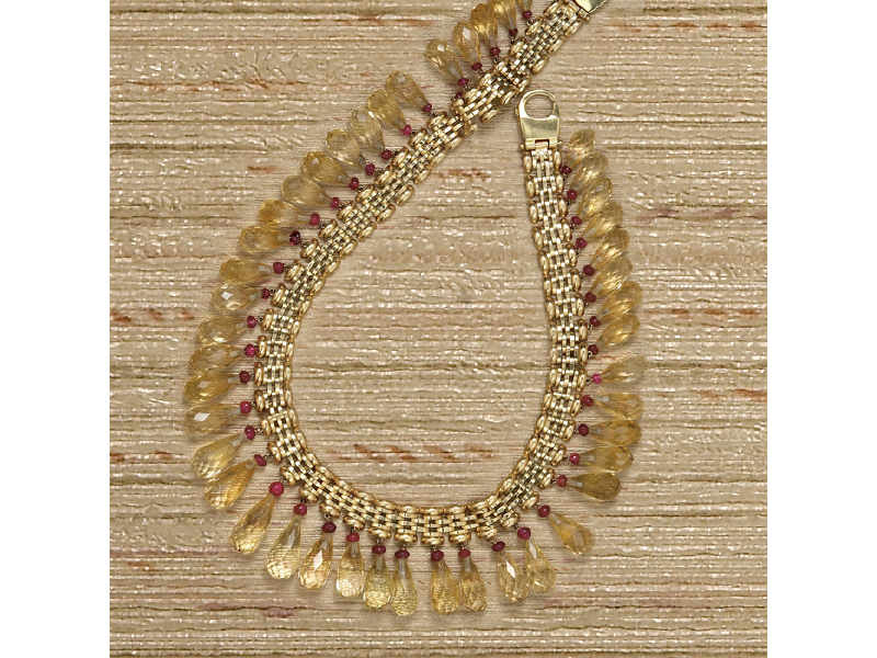 Appraisal: CITRINE AND RUBY BEAD NECKLACE k yellow gold link fringe