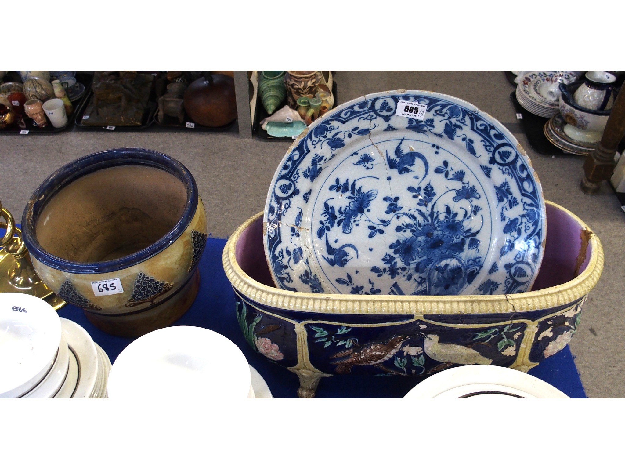 Appraisal: Majolica planter a Delftware plate and a Royal Doulton jardiniere