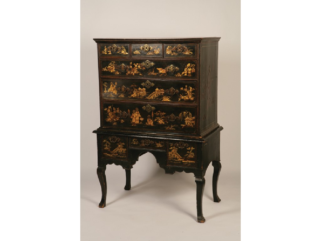 Appraisal: A GEORGE I BLACK-JAPANNED CHEST ON STAND the upper section