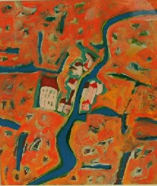 Appraisal: Michael Taylor born Village on the River acrylic on paper