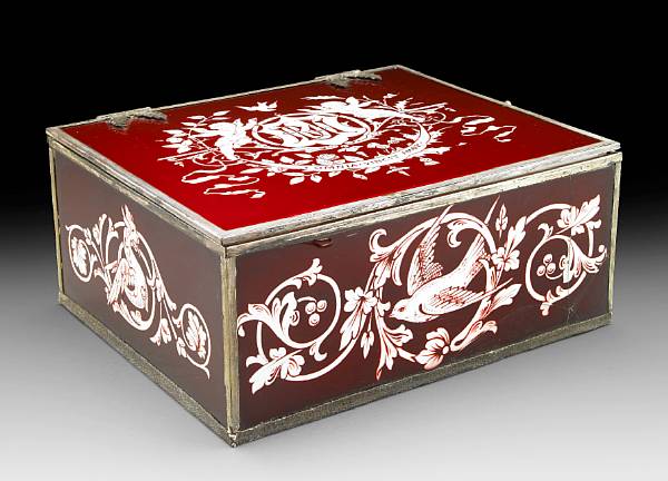 Appraisal: An English white metal mounted ruby glass box th century