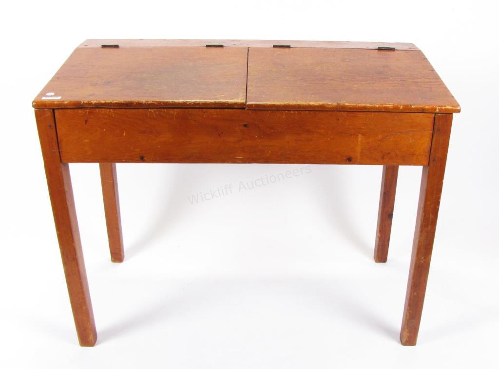 Appraisal: An antique double-lid school desk pine original finish slant top