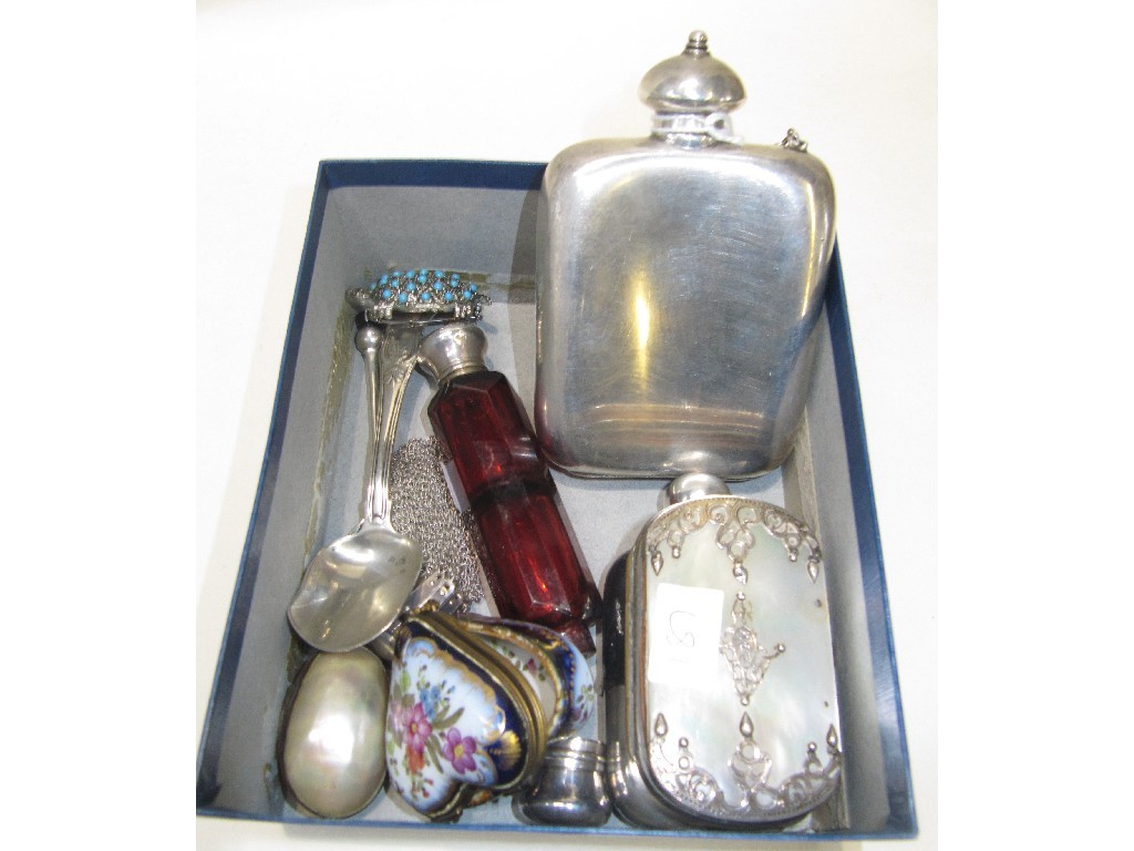 Appraisal: Box of miscellania - hip flask scent bottle mother of