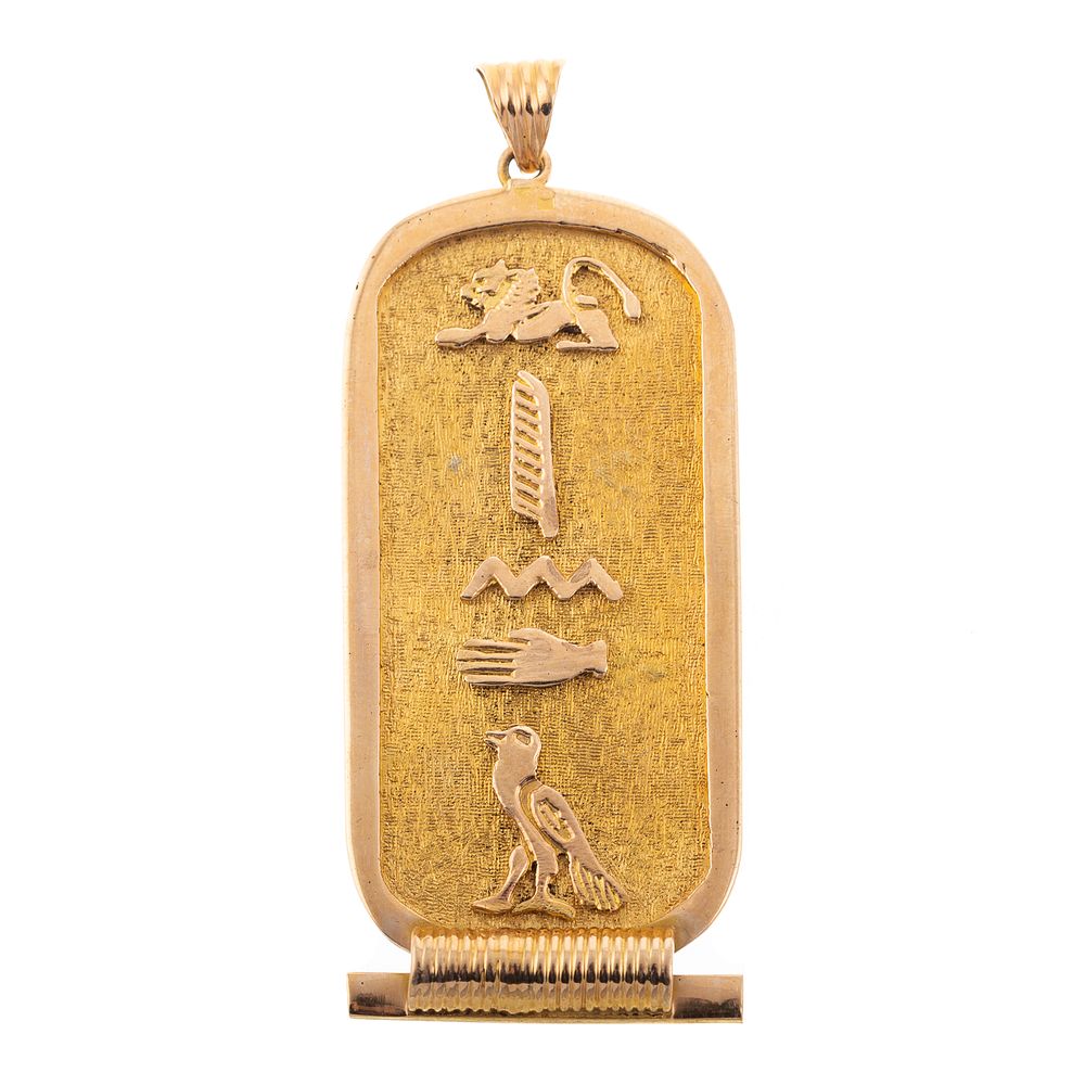 Appraisal: An Egyptian K Cartouche Panel Pendant K yellow gold large