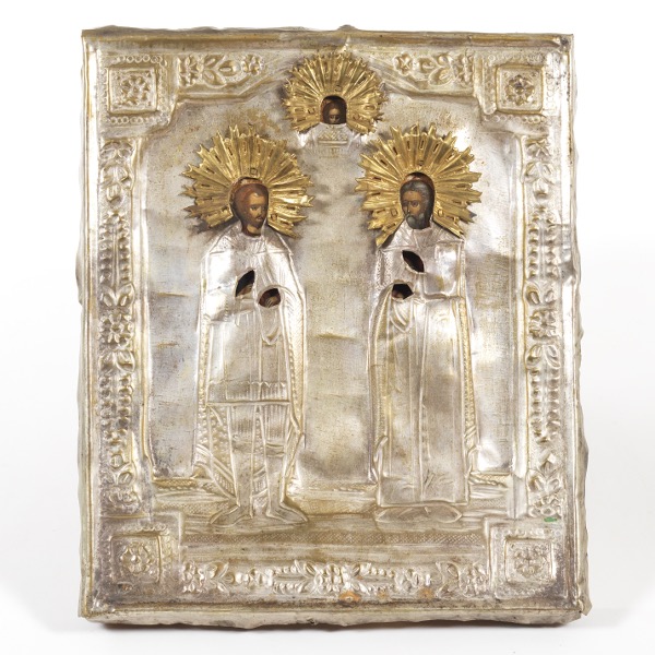 Appraisal: RUSSIAN ICON OF TWO SAINTS AND JESUS x Tempera on