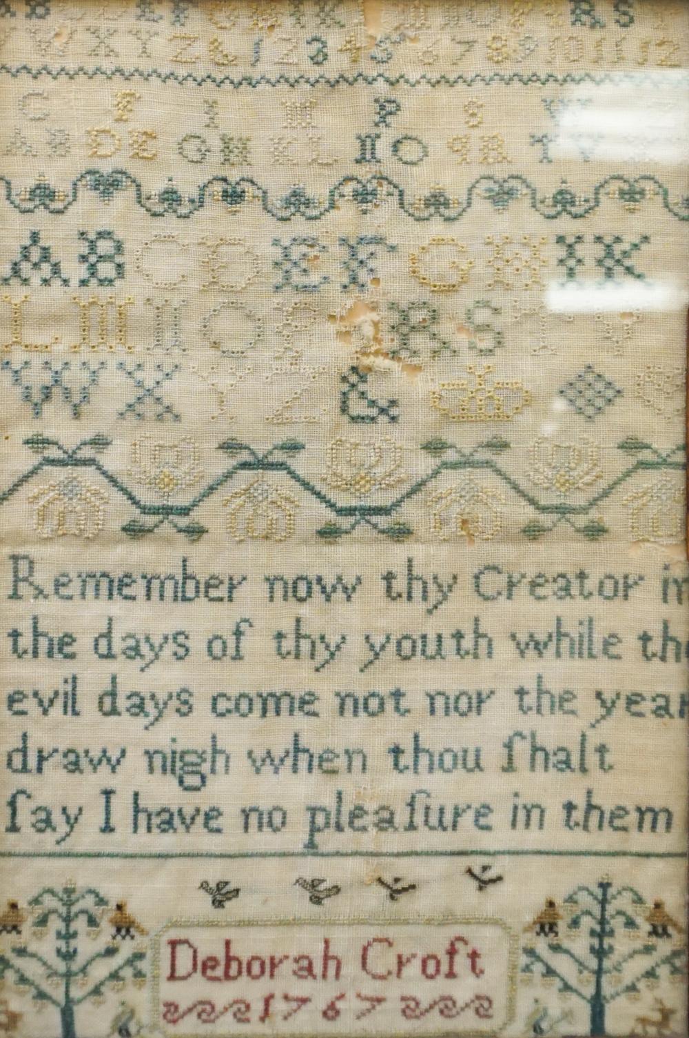 Appraisal: EARLY AMERICAN STYLE NEEDLEPOINT SAMPLER SIGNED DEBORAH CROFT FRAME X