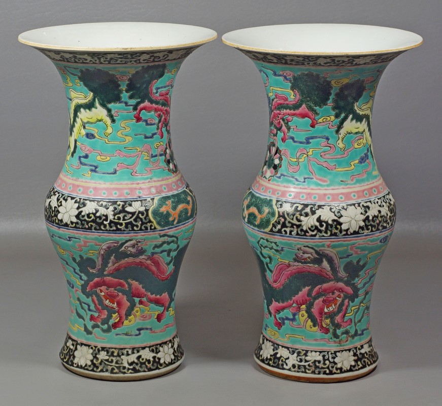 Appraisal: Pair of Enameled Famille Rose Vases with turquoise glaze and