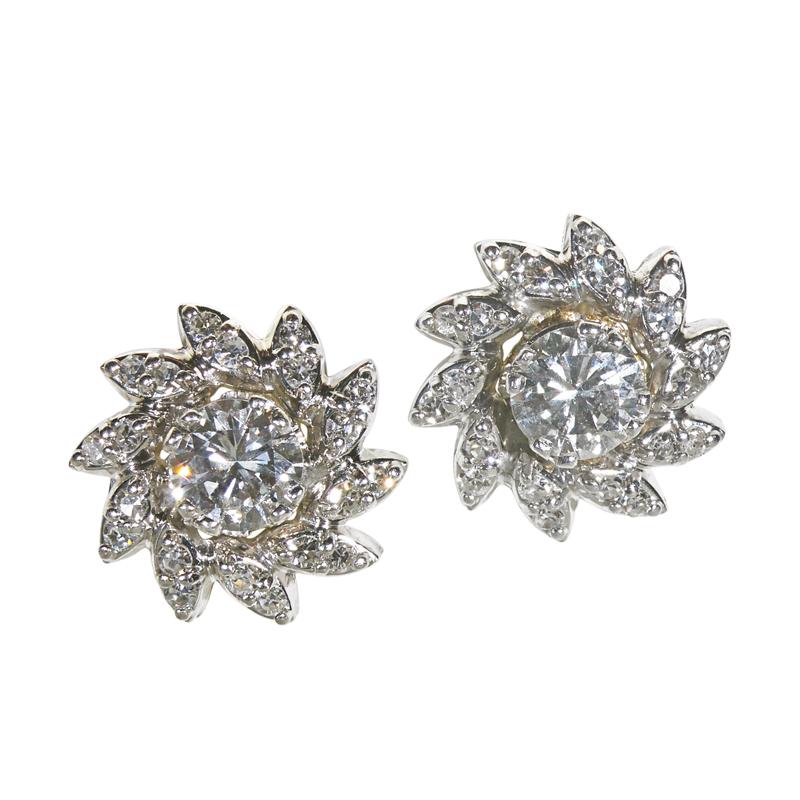 Appraisal: DIAMOND K WHITE GOLD FLORIFORM CLUSTER EARRINGS Two RBC diamonds