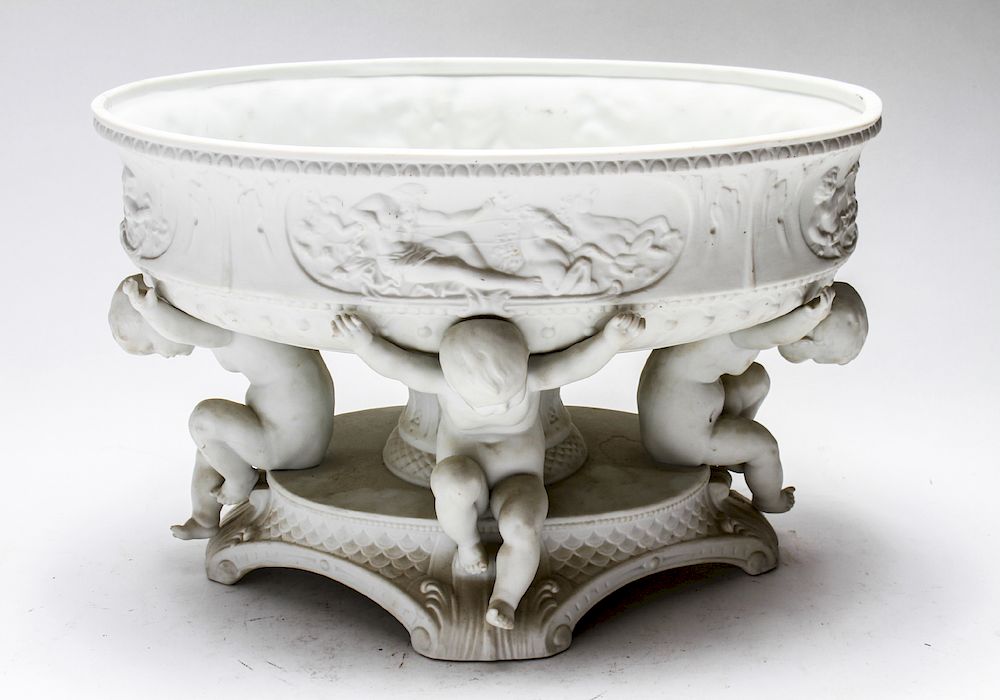 Appraisal: Continental White Parian Bisque Putti Centerpiece Continental oval white Parian