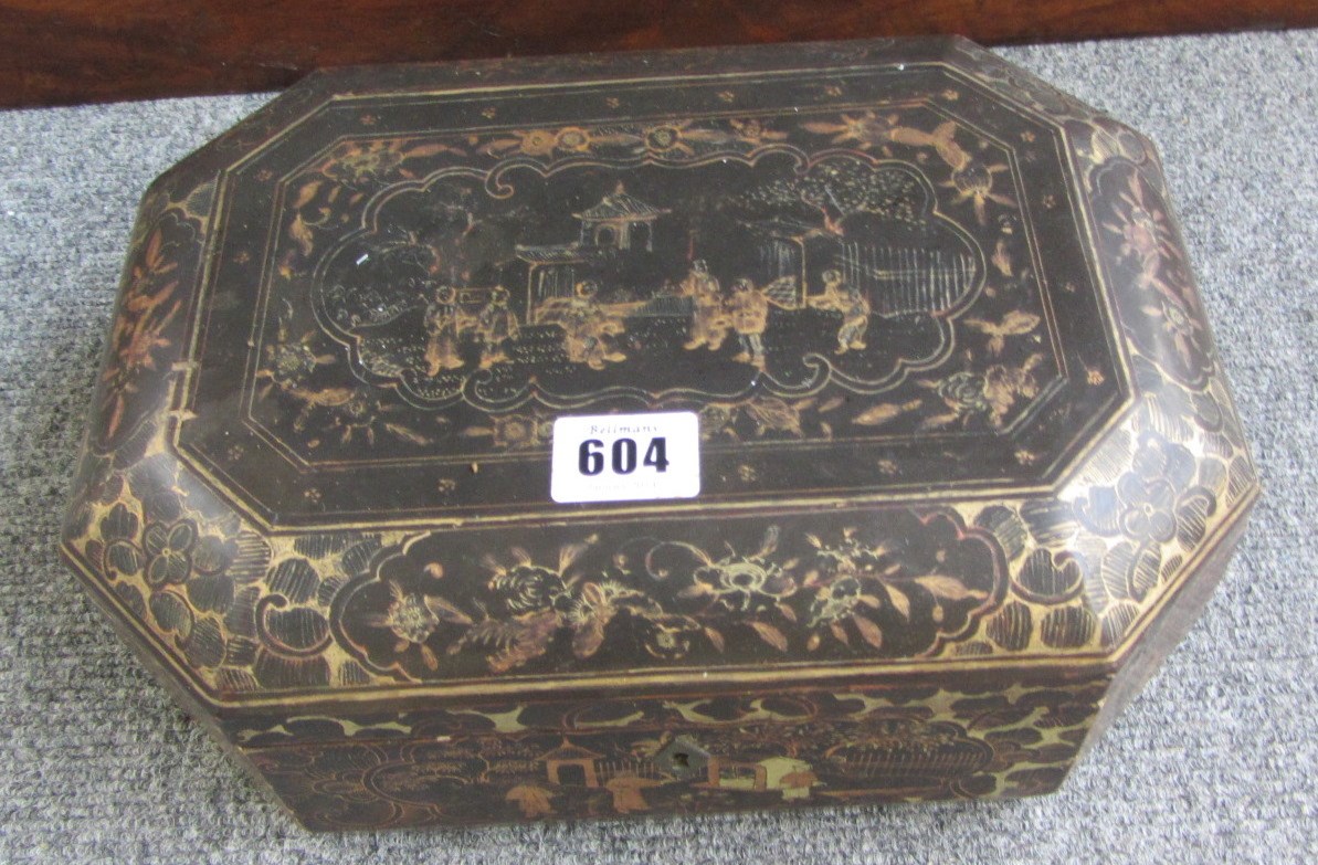 Appraisal: A th century black lacquer chinoiserie decorated sewing box of