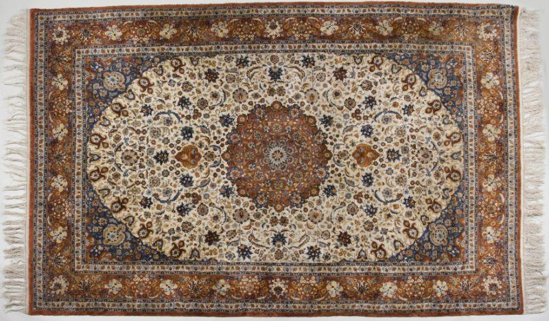 Appraisal: Persian Isfahan Silk Medallion Carpet Cream field with central medallion