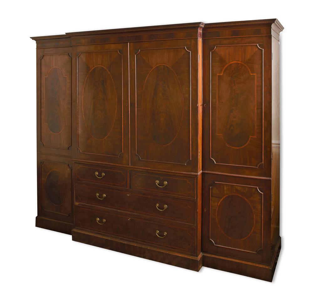 Appraisal: EDWARDIAN MAHOGANY BREAKFRONT LINEN PRESS EARLY TH CENTURY of George