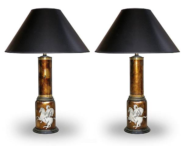 Appraisal: A pair of American verre eglomis lamps circa Each cylindrical