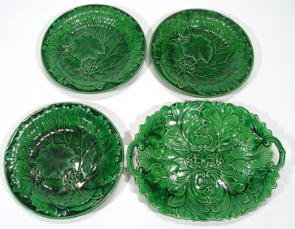 Appraisal: Three Victorian Majolica green leaf plates and a similar rectangular