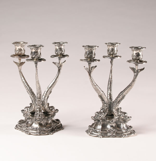 Appraisal: Pair Buccellati sterling three-light candelabra on a raised seaform base