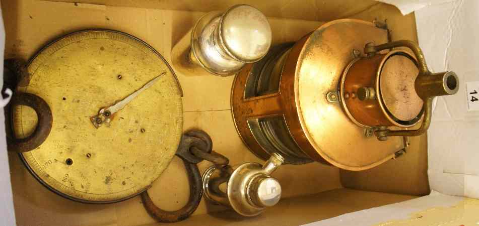 Appraisal: A collection of old metalware to include Copper Boat Lamp