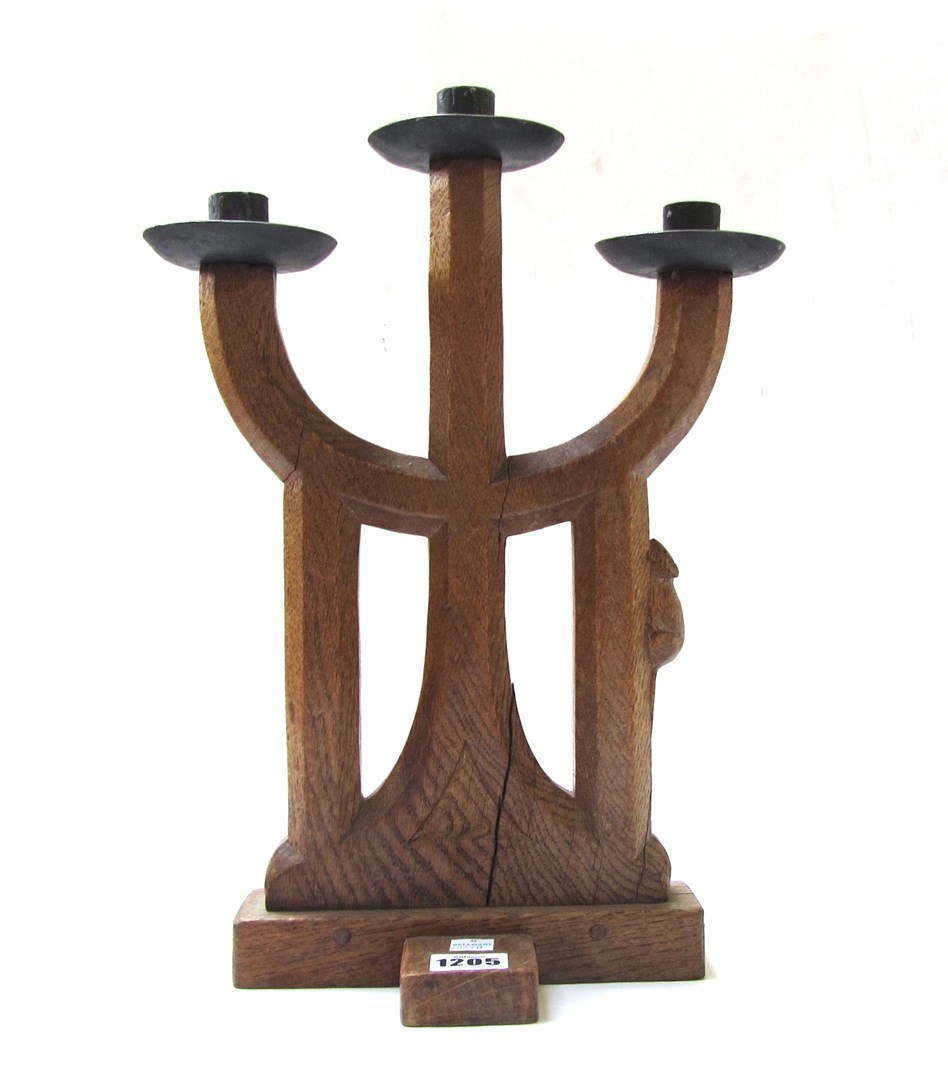 Appraisal: A single carved oak triple sconce candelabra by Robert 'Mouseman'