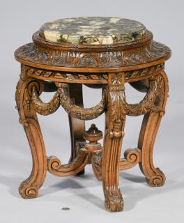 Appraisal: Continental Carved Stand w Marble Inset Top Continental carved hardwood